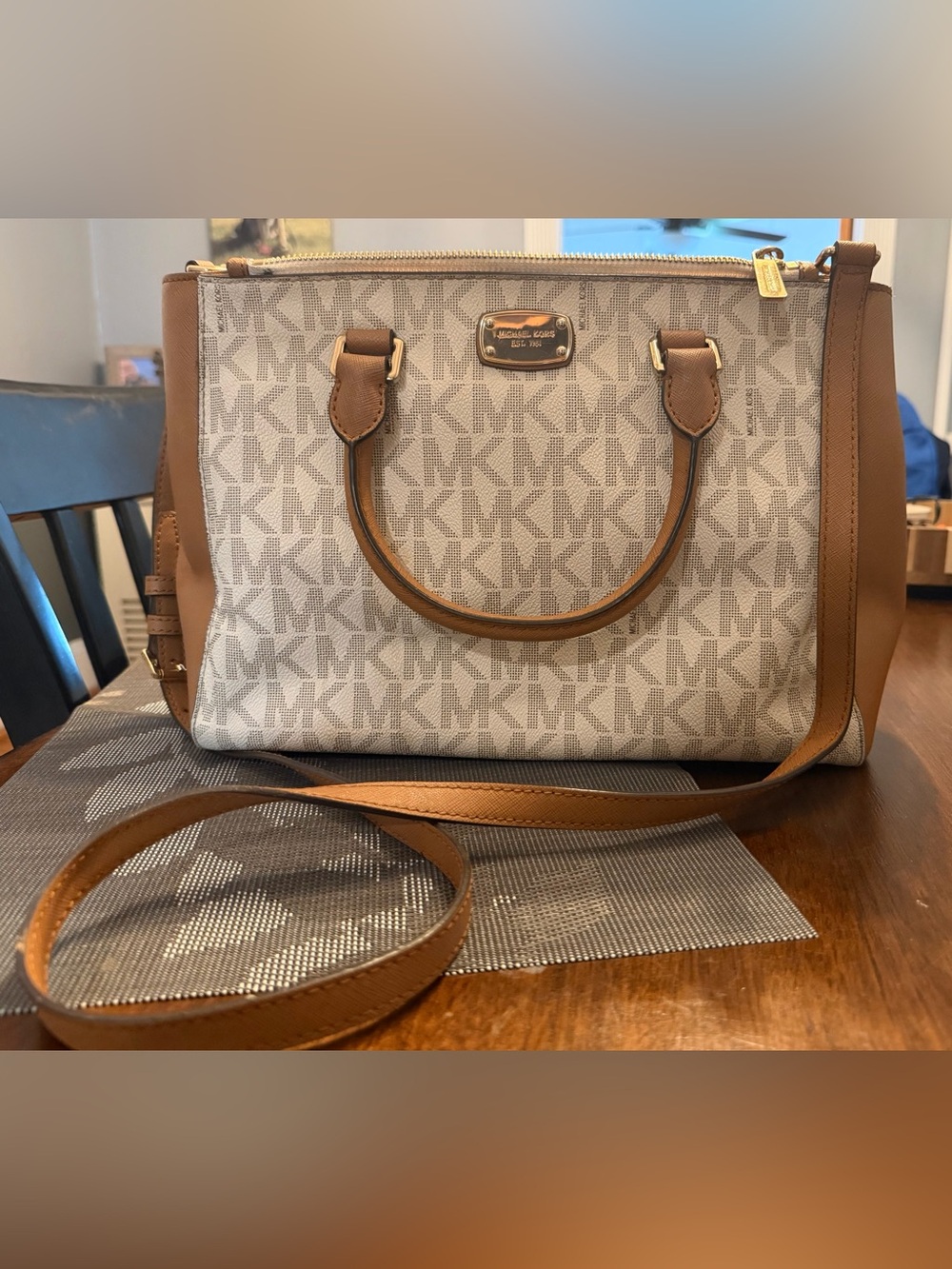 Michael Kors Beige Canvas Satchel with Brown Trim